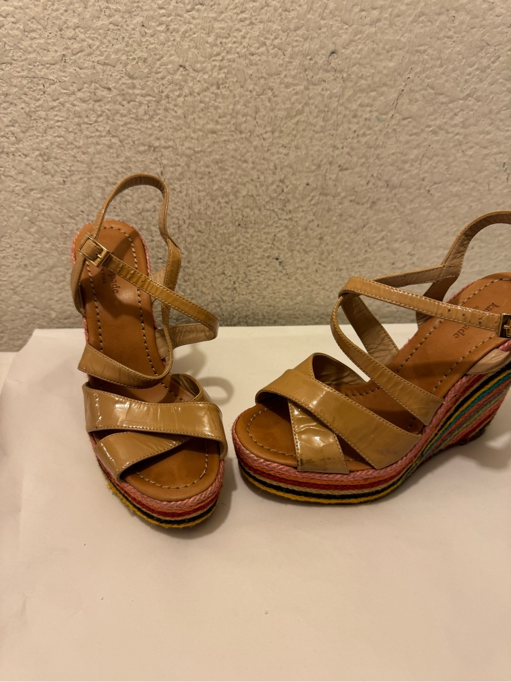 kate spade the Patti tan Patent Strappy Wedge Sandals Multicolor Layered Heel